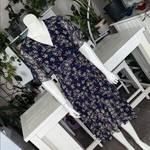 Floral Navy Wrap Midi Dress - Elegant V-Neck